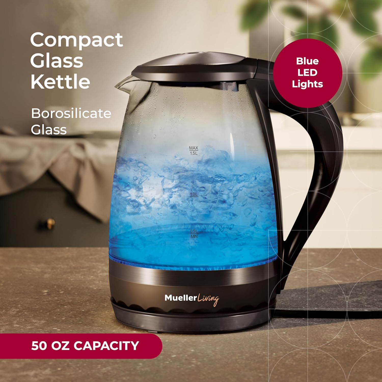 MuellerLiving Glass Kettle 1.5L 1500W LED Light Electric Tea Kettle Automatic Shut-Off with SpeedBoil Tech and Boil-Dry Protection