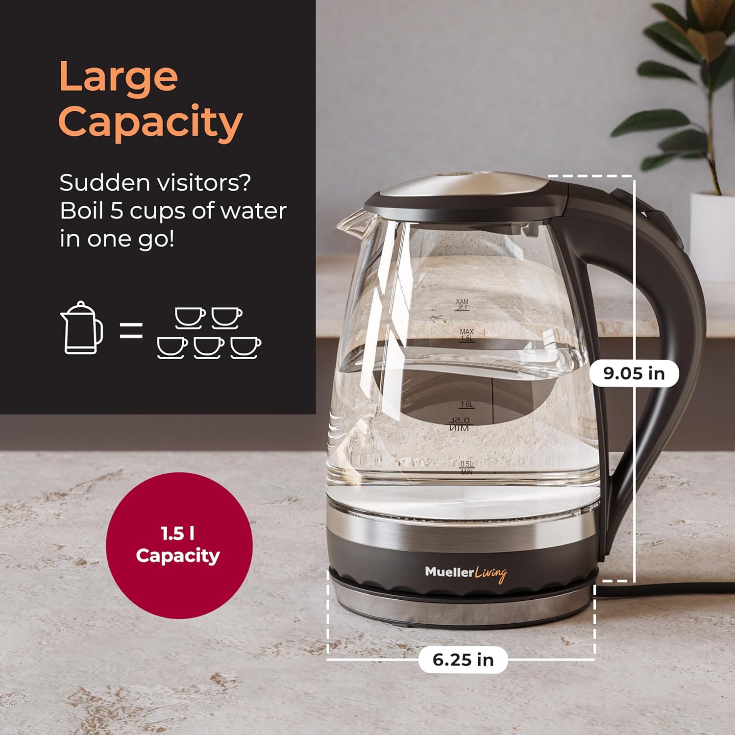 MuellerLiving Glass Kettle 1.5L 1500W LED Light Electric Tea Kettle Automatic Shut-Off with SpeedBoil Tech and Boil-Dry Protection